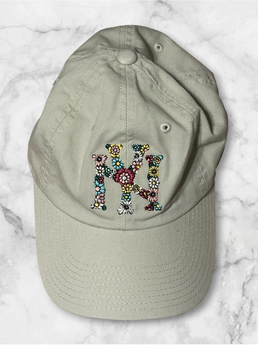 Floral Embroidered NY Baseball Cap - Light Khaki